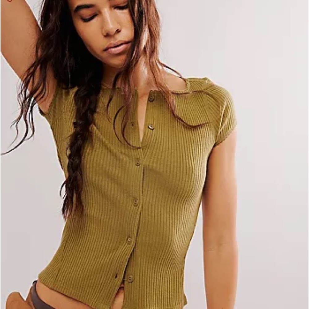 Free People Olive Ribbed Button-Front Cap Sleeve Crop Top